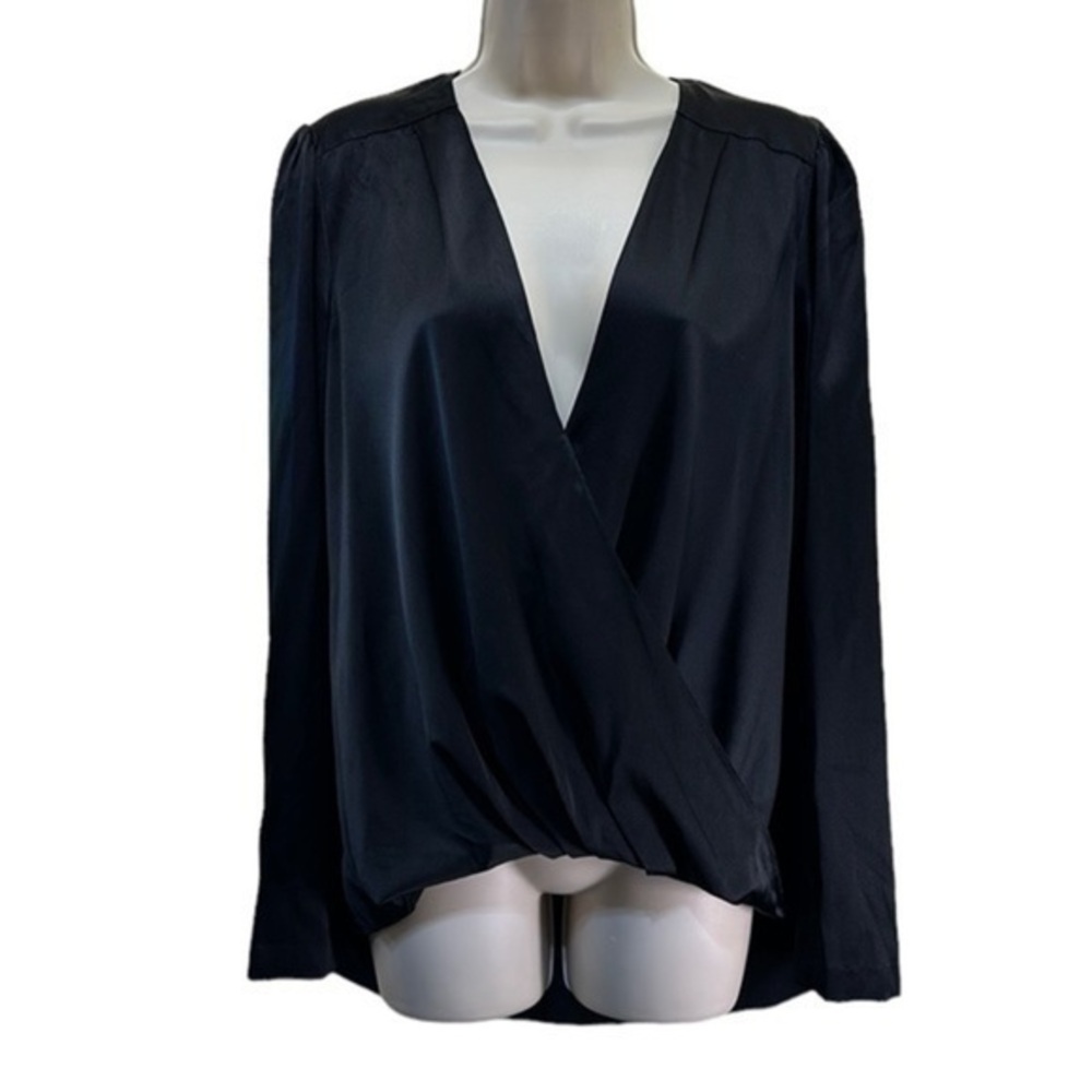 A.L.C Black Silk blend satin faux warp long sleeve blouse